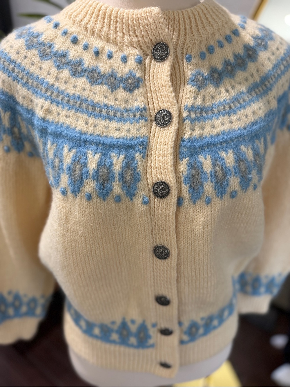 Dale of Norway Cream Cardigan with Light Blue Nordic Yoke